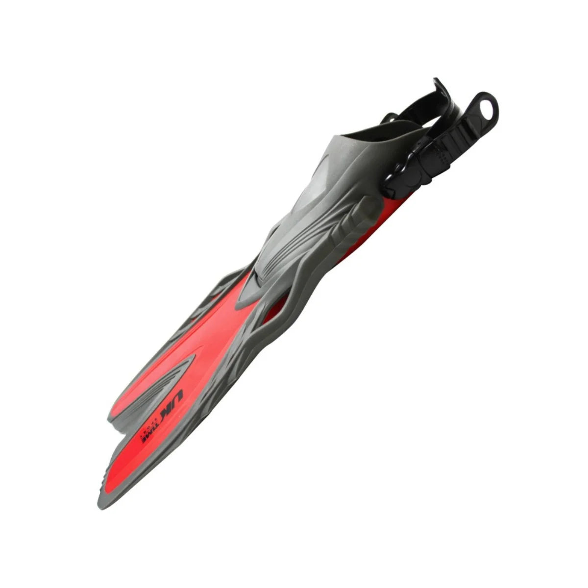 aletas de natación ajustables de talón abierto UK TIME, disponible en Rojo/Gris o Azul/Gris.