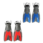 aletas de natación ajustables de talón abierto UK TIME, disponible en Rojo/Gris o Azul/Gris.