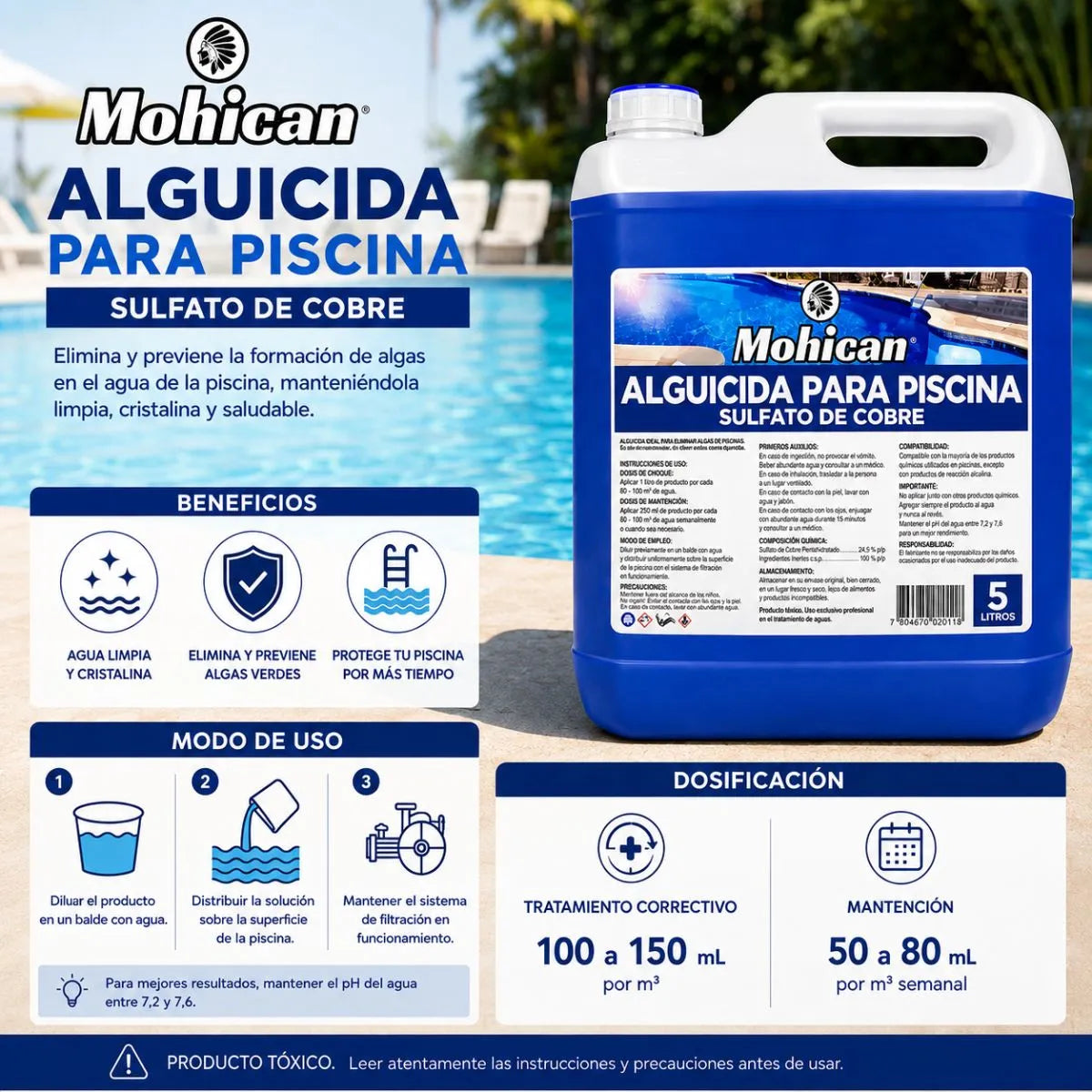 Alguicida para piscinas Mohican de 5 litros con sulfato de cobre