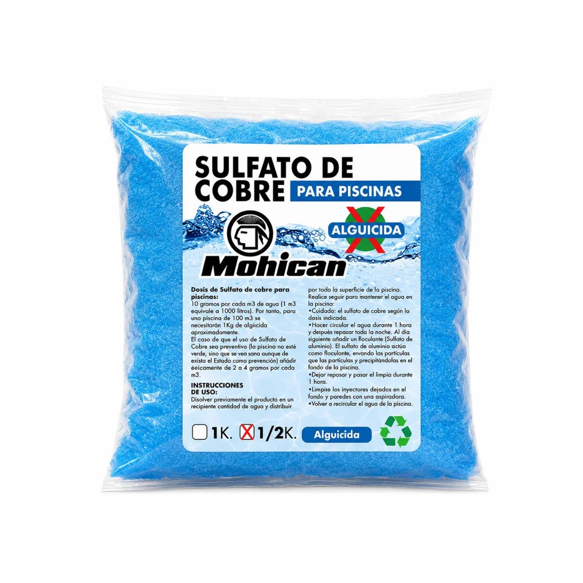 Sulfato de cobre alguicida para piscinas Mohican 500 g y 1 kg