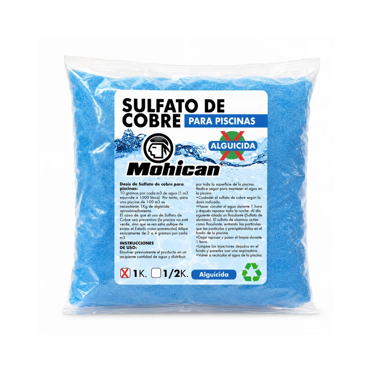 Sulfato de cobre alguicida para piscinas Mohican 500 g y 1 kg