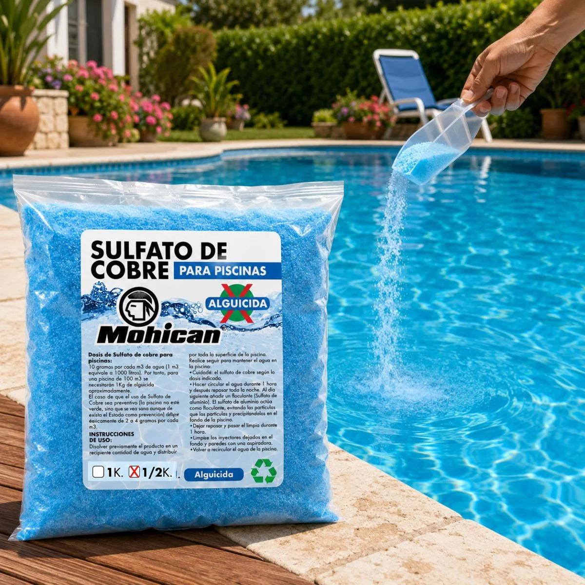 Sulfato de cobre alguicida para piscinas Mohican 500 g y 1 kg
