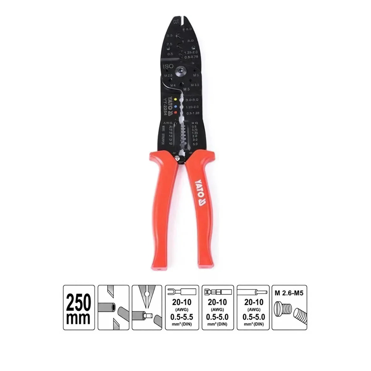 Alicate Pelacable Multifuncional Yato YT-2254 para corte pelado y crimpado de cables
