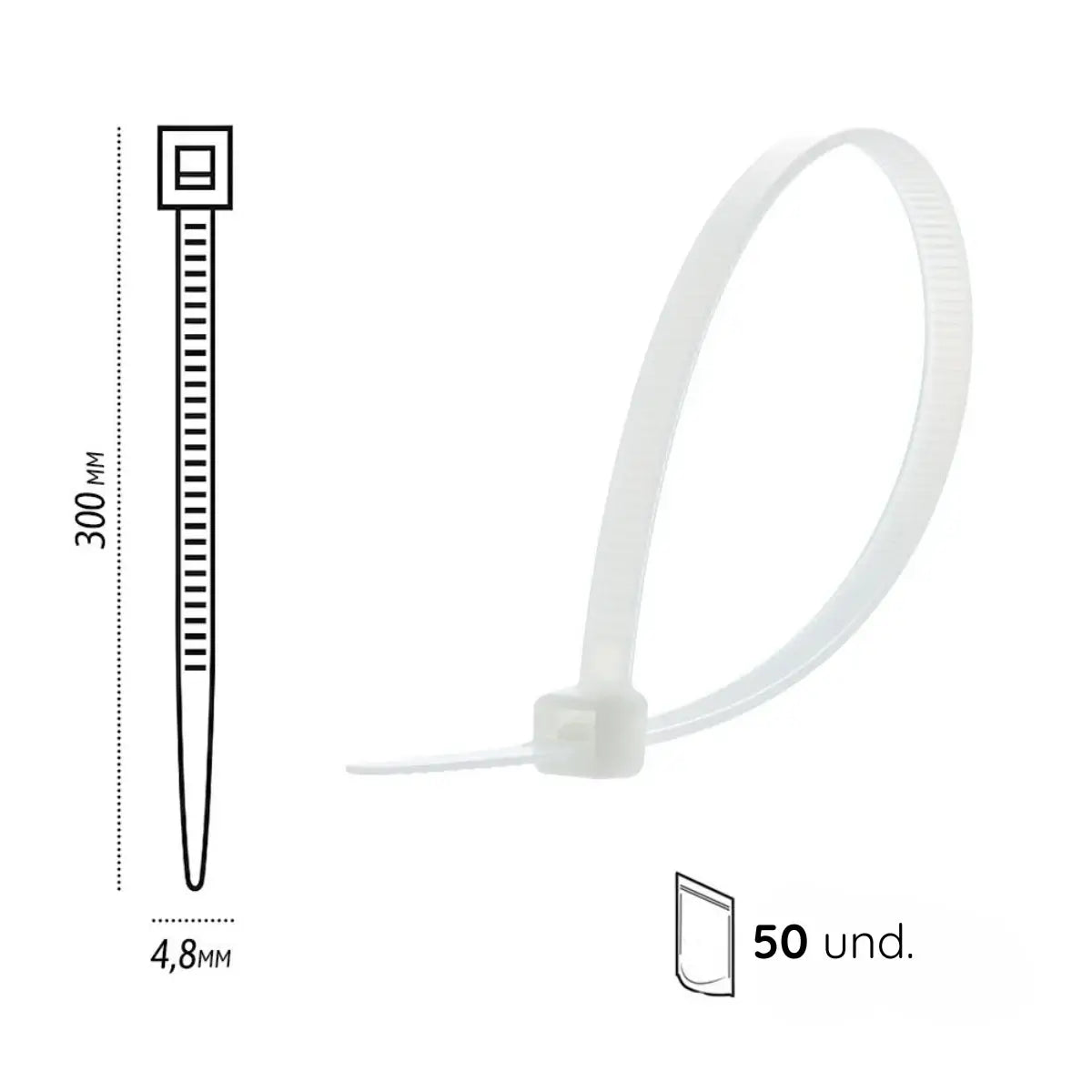 Bolsa con 50 amarras plásticas Valprik de 30 cm de largo por 4.8 mm de ancho