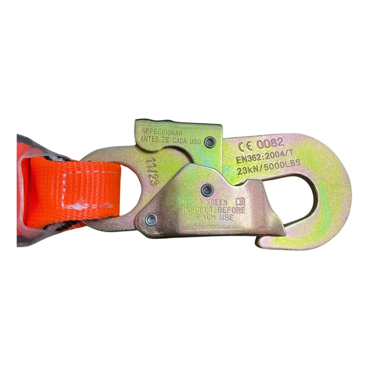 Amortiguador de caída corto marca Kbeen modelo KL-8300 con mosquetón y argolla de acero.