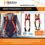 Arnés paracaidista KBEEN KL8000 de 3 argollas para protección de caídas y posicionamiento, certificado bajo norma EN 361:2002.