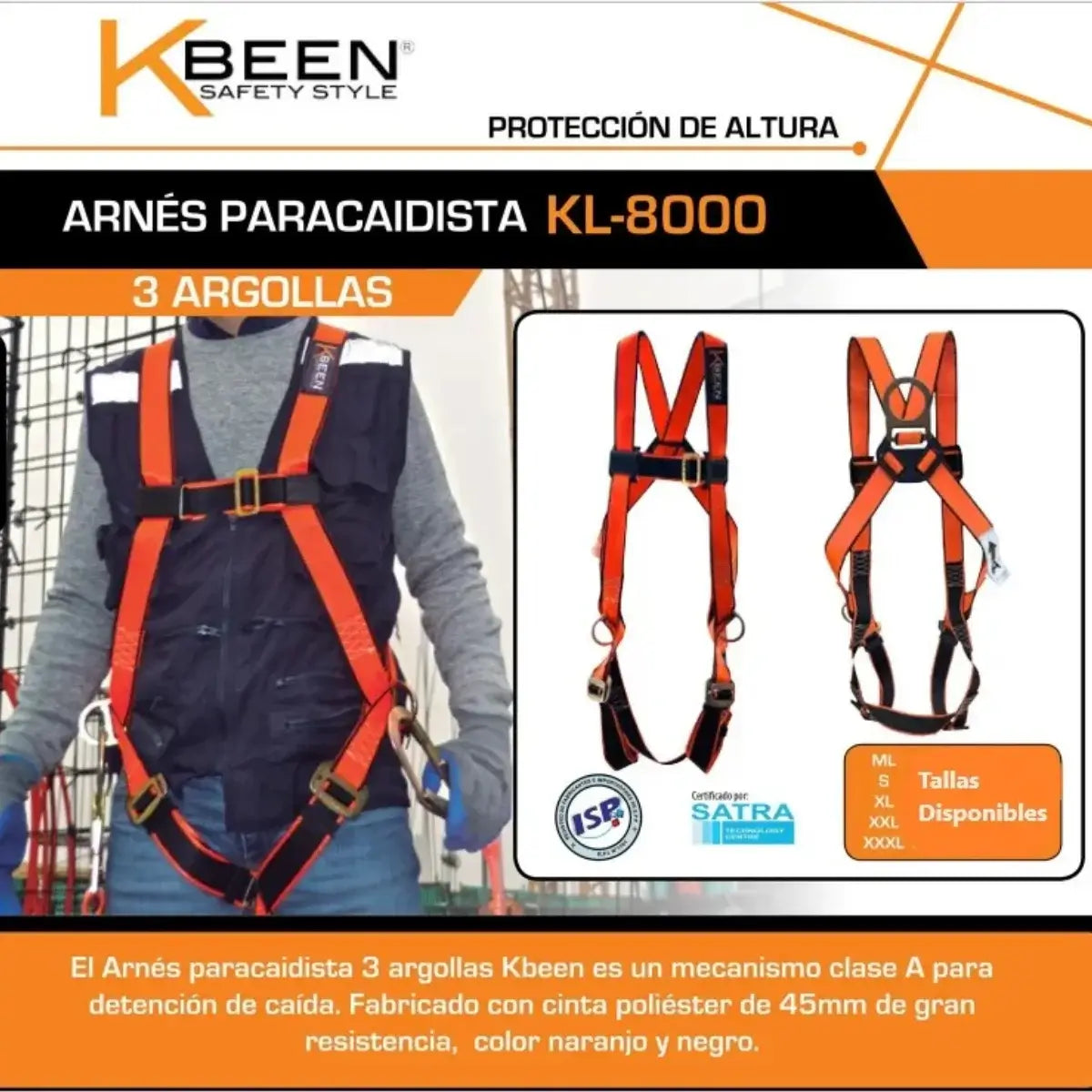 Arnés paracaidista KBEEN KL8000 de 3 argollas para protección de caídas y posicionamiento, certificado bajo norma EN 361:2002.
