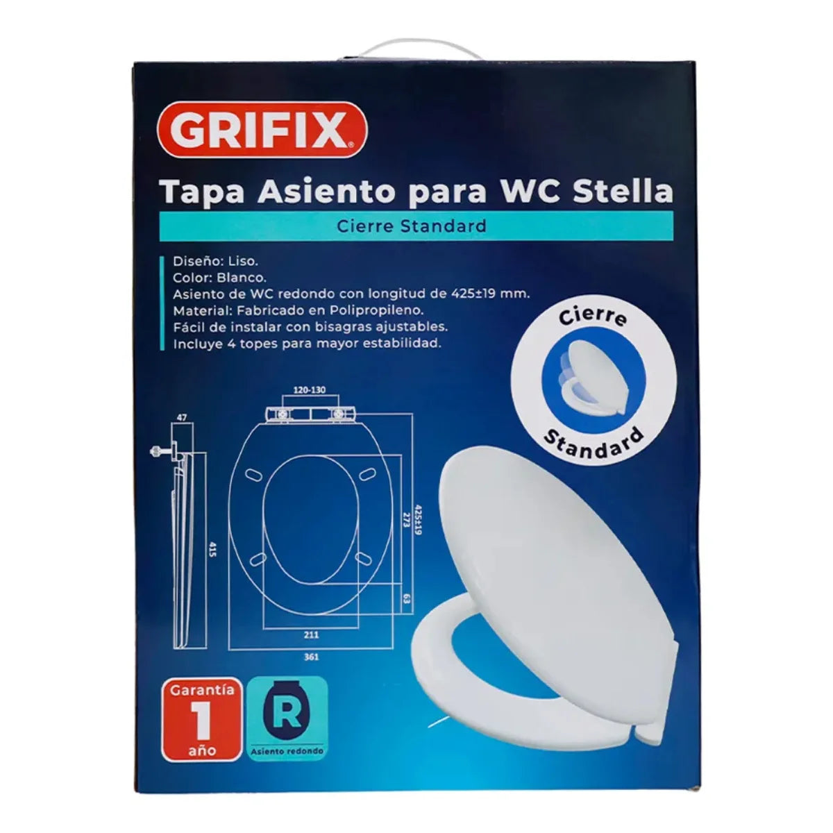 Tapa de asiento blanca Grifix Stella para inodoro fabricada en polipropileno reforzado.
