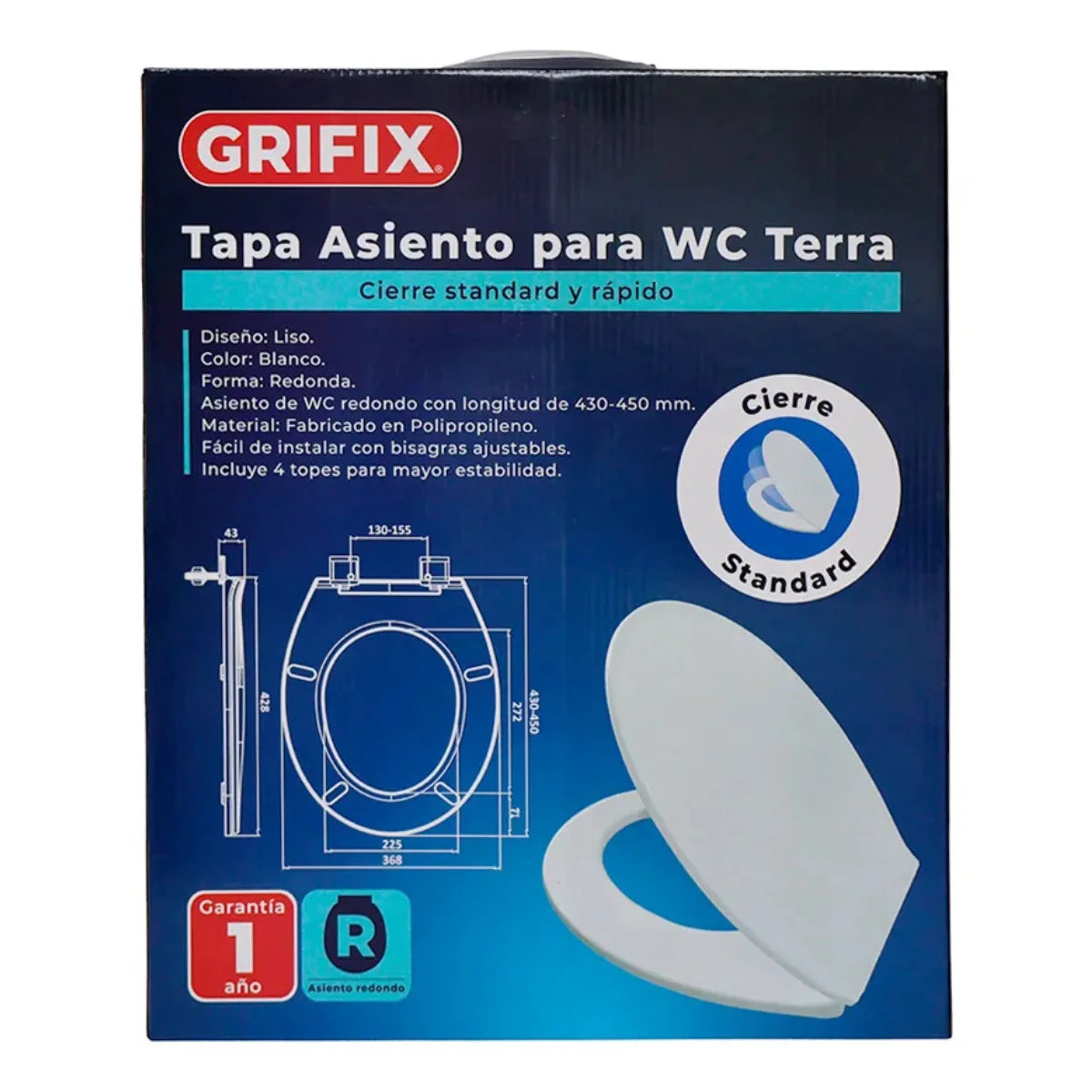 Tapa de asiento para WC Grifix modelo Terra en color blanco de material reforzado.