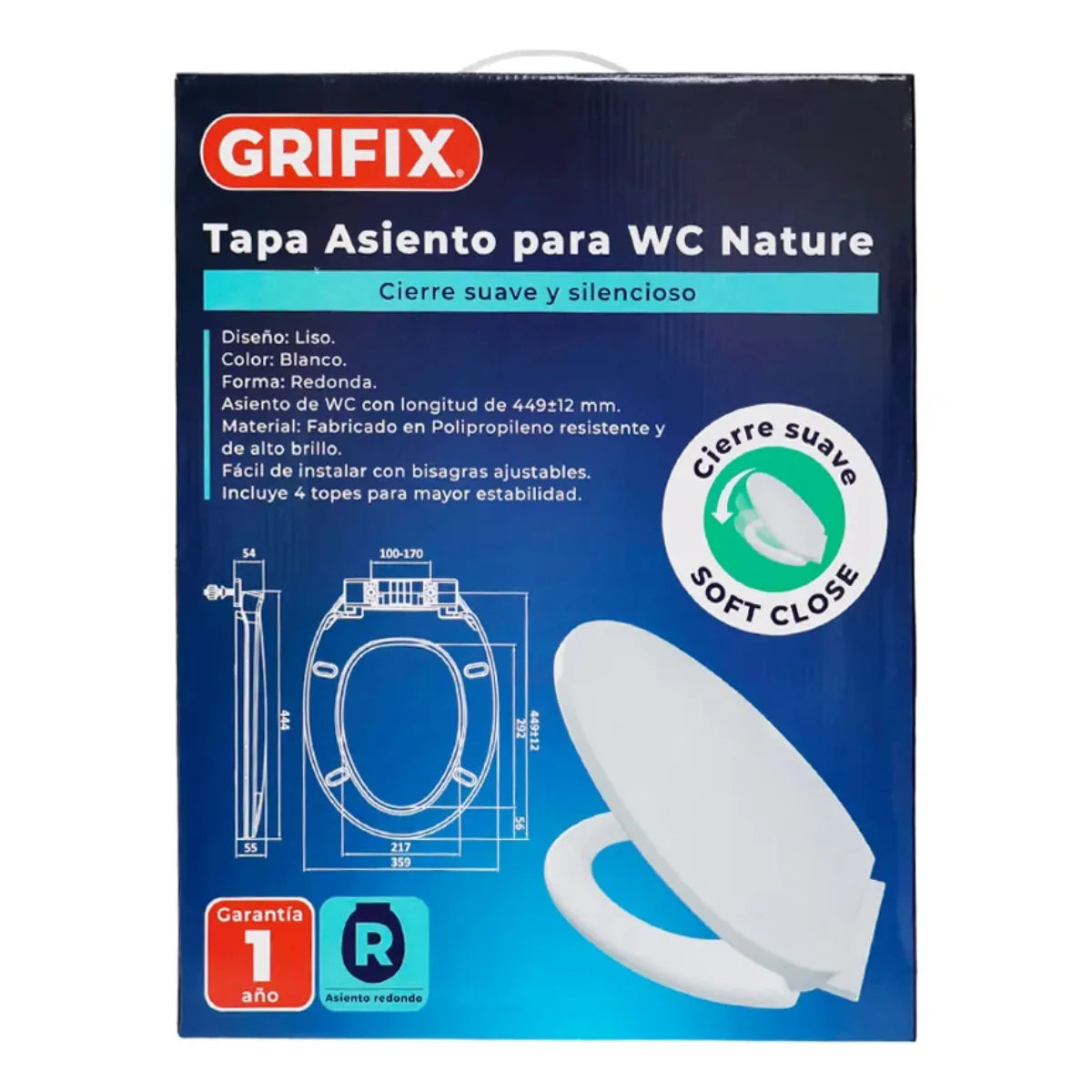 Asiento para inodoro blanco marca Grifix modelo Natura con sistema de cierre suave.