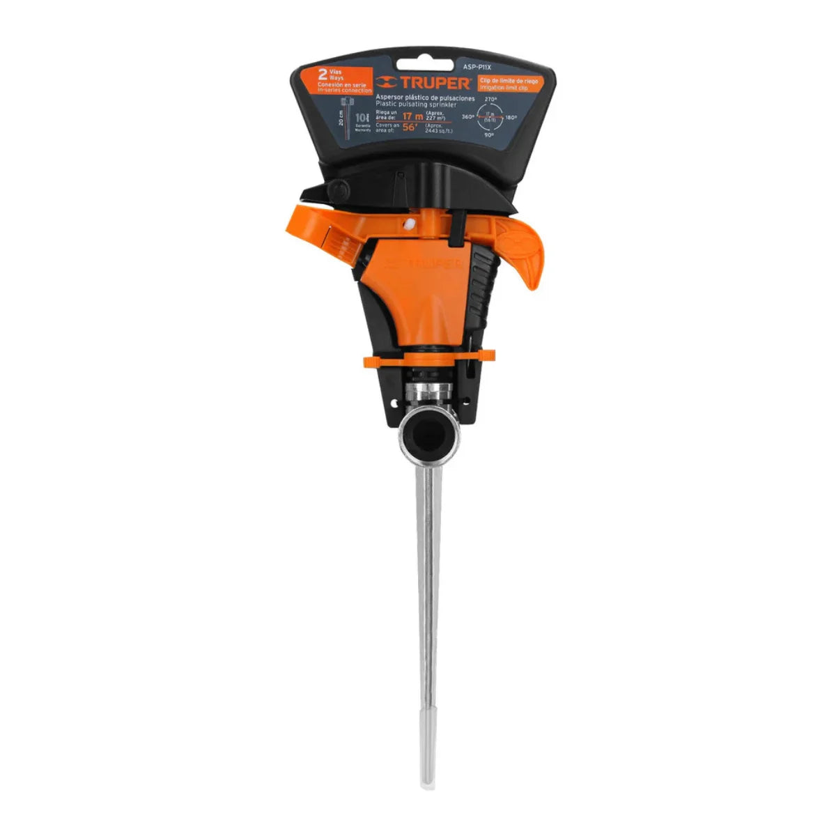 Aspersor de impacto Truper ASP-P11X con estaca metálica y sistema de conexión en serie para riego de parques y prados.