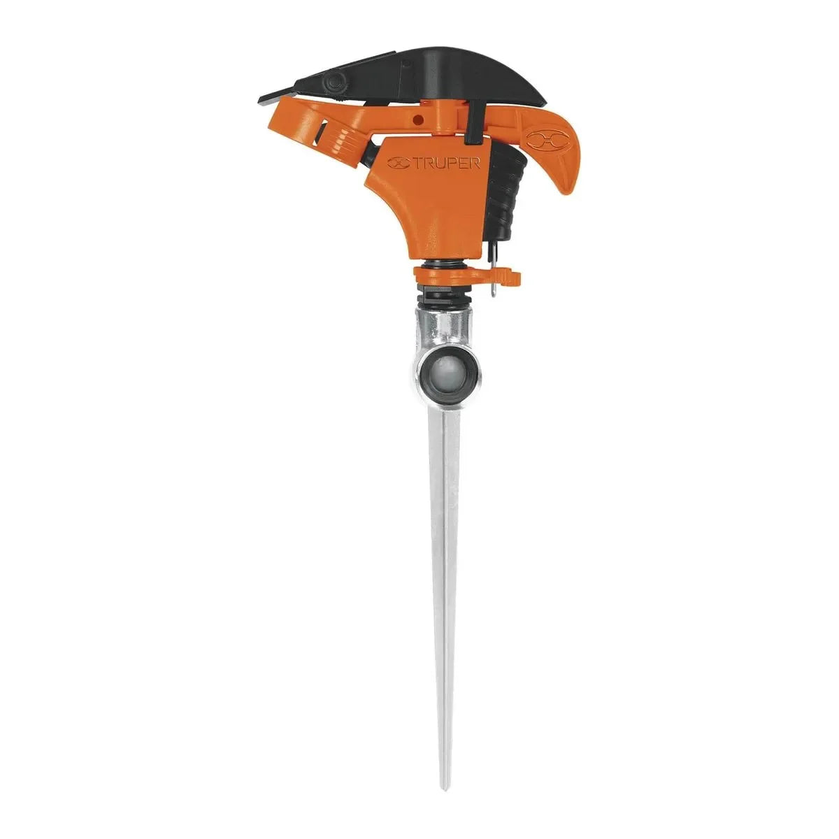 Aspersor de impacto Truper ASP-P11X con estaca metálica y sistema de conexión en serie para riego de parques y prados.