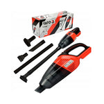 Aspiradora inalambrica de mano Yato de 18V con potencia de 3.8 kPa, incluye batería, cargador y accesorios para limpieza de autos y hogar.