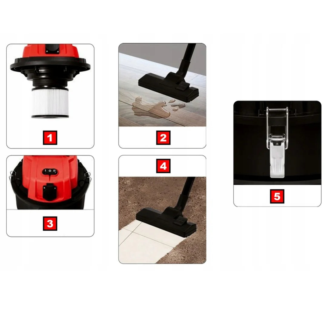 Aspiradora industrial YATO YT-85701 de 1400W, con toma para herramientas eléctricas y capacidad de 30 litros para uso profesional.