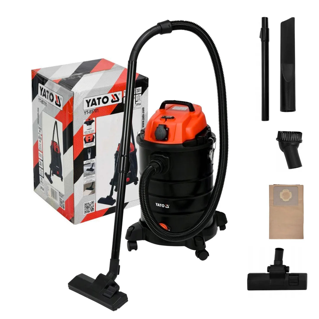 Aspiradora industrial YATO YT-85701 de 1400W, con toma para herramientas eléctricas y capacidad de 30 litros para uso profesional.