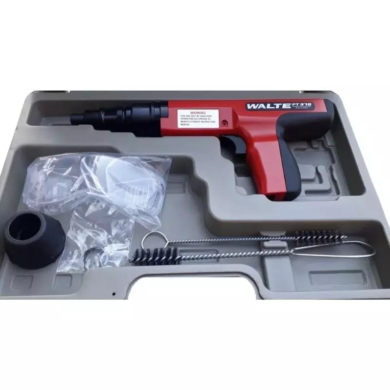 Pistola de clavos a pólvora Walte PT-370 calibre 27, herramienta de fijación para concreto y acero, uso profesional en construcción.