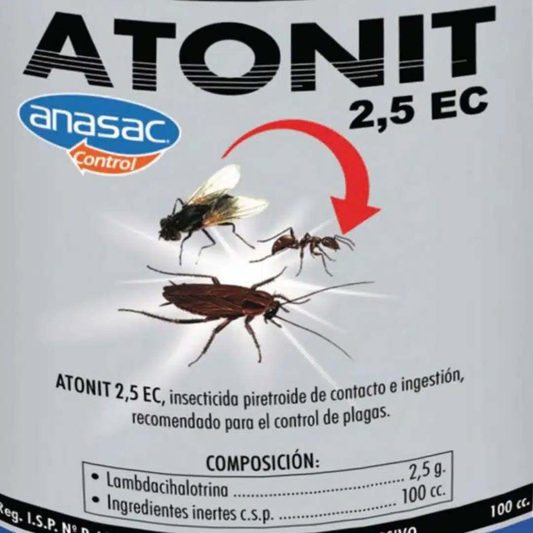 Insecticida concentrado Atonit 2.5 EC de Anasac de 100 cc, solución de amplio espectro para el control de plagas en cultivos, huertos y jardinería.