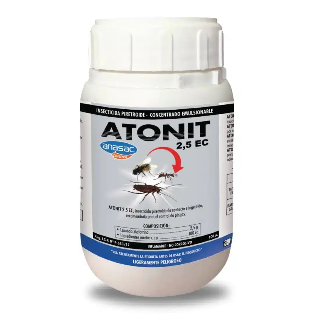 Insecticida concentrado Atonit 2.5 EC de Anasac de 100 cc, solución de amplio espectro para el control de plagas en cultivos, huertos y jardinería.