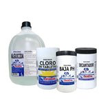 kit limpieza para piscina Dideval: Alguicida, Cloro en tableta multifuncion, baja ph y decantador, para el mantenimiento de piscinas.