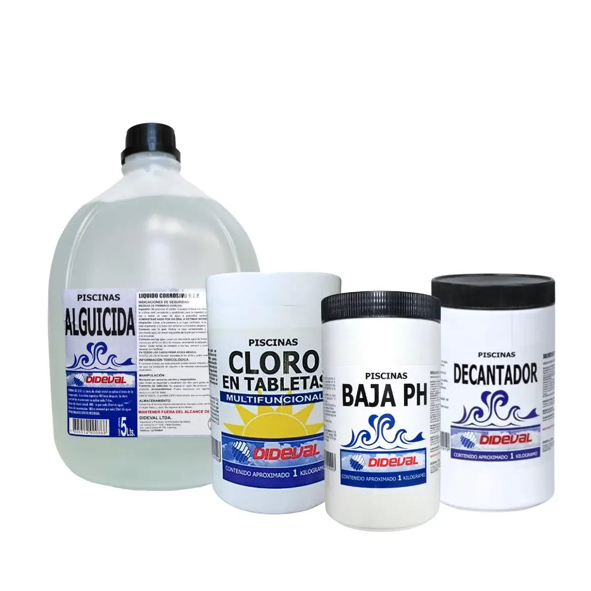 kit limpieza para piscina Dideval: Alguicida, Cloro en tableta multifuncion, baja ph y decantador, para el mantenimiento de piscinas.