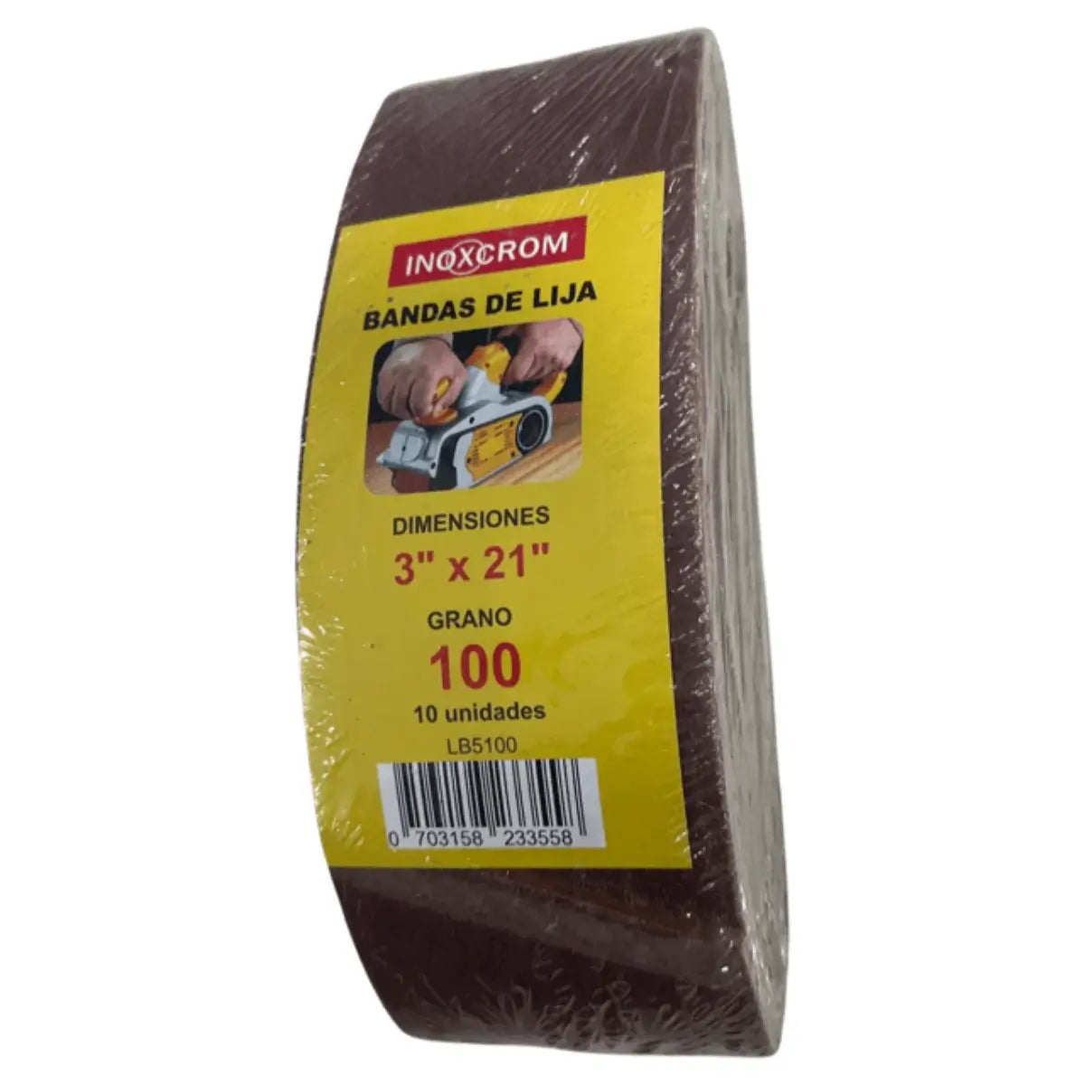 Pack de 10 lijas de banda Inoxcrom 3x21 de grano 100 para lijado de madera.