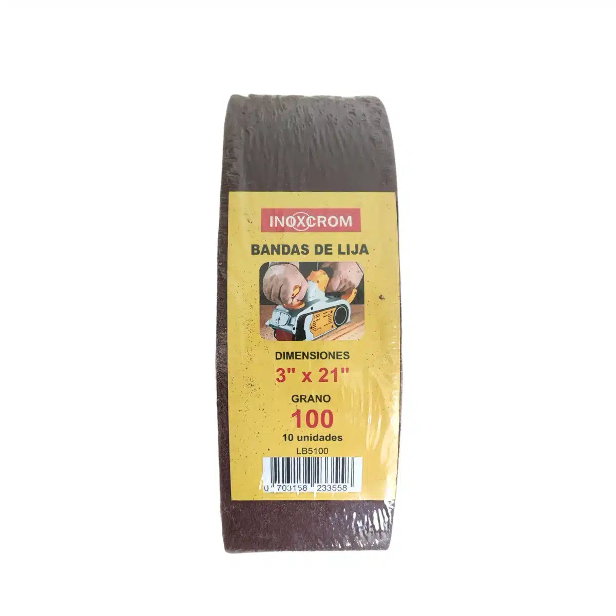 Pack de 10 lijas de banda Inoxcrom 3x21 de grano 100 para lijado de madera.