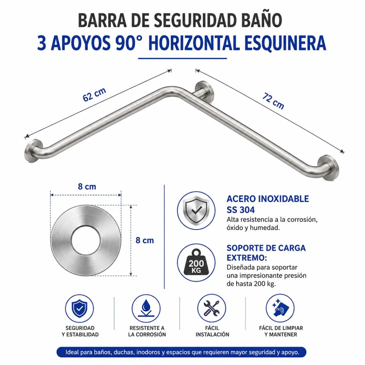 Barra de seguridad esquinera TAUMM de 3 apoyos para baño