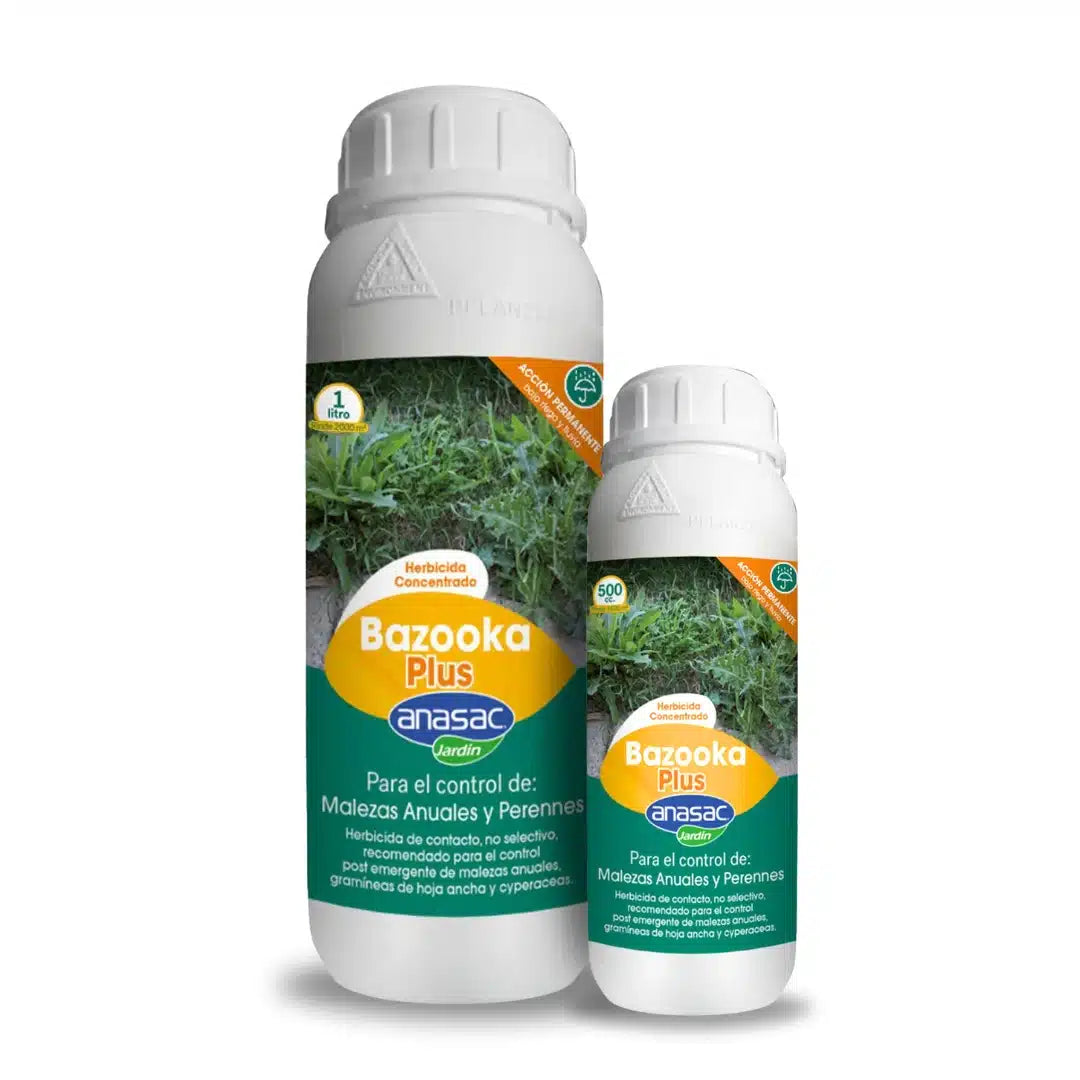 Herbicida Bazooka Plus, solución química para el control y eliminación eficaz de todo tipo de malezas y hierbas no deseadas en cultivos y jardines.