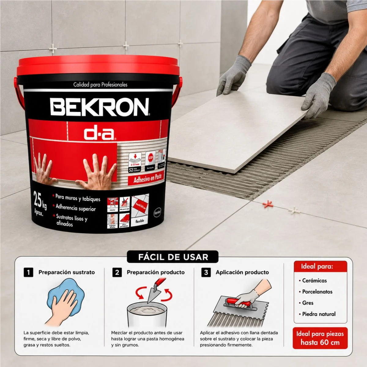 Adhesivo Bekron D-A en pasta de 15 y 25 kg para cerámicas y porcelanatos