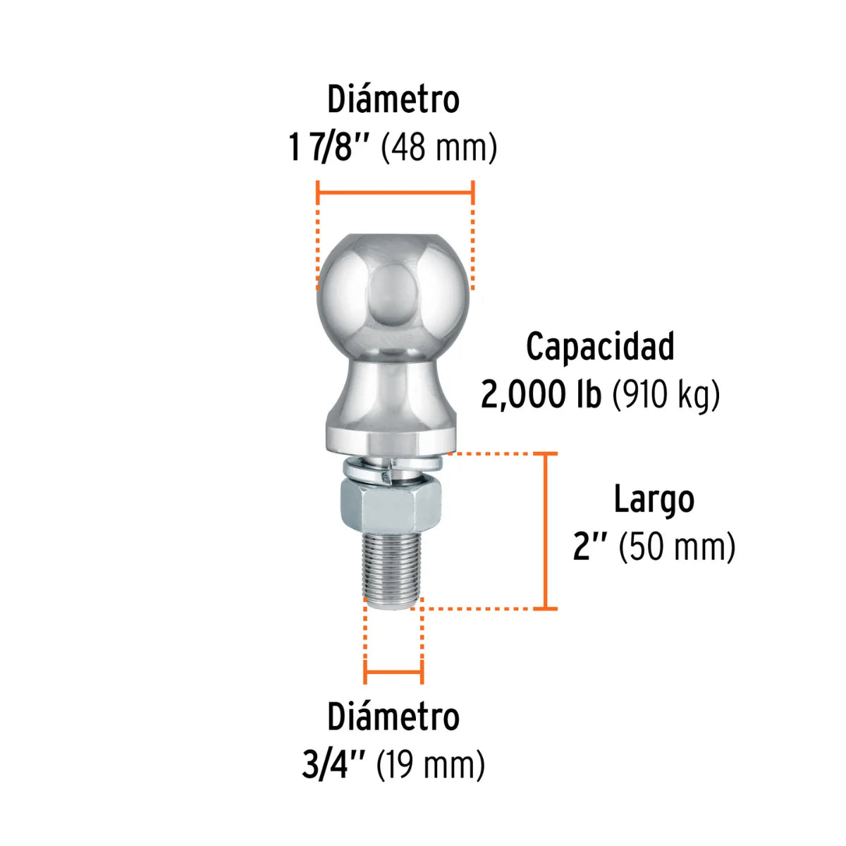 Bola de arrastre Truper de 1 7/8 pulgadas para remolques livianos, capacidad de 910 kg con acabado resistente a la corrosión.
