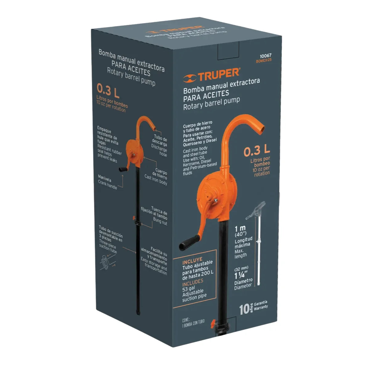 Bomba manual de trasvasije Truper con flujo de 0.3L por bombeo, cuerpo de hierro y tubo de acero de 1 metro para diesel y aceites.