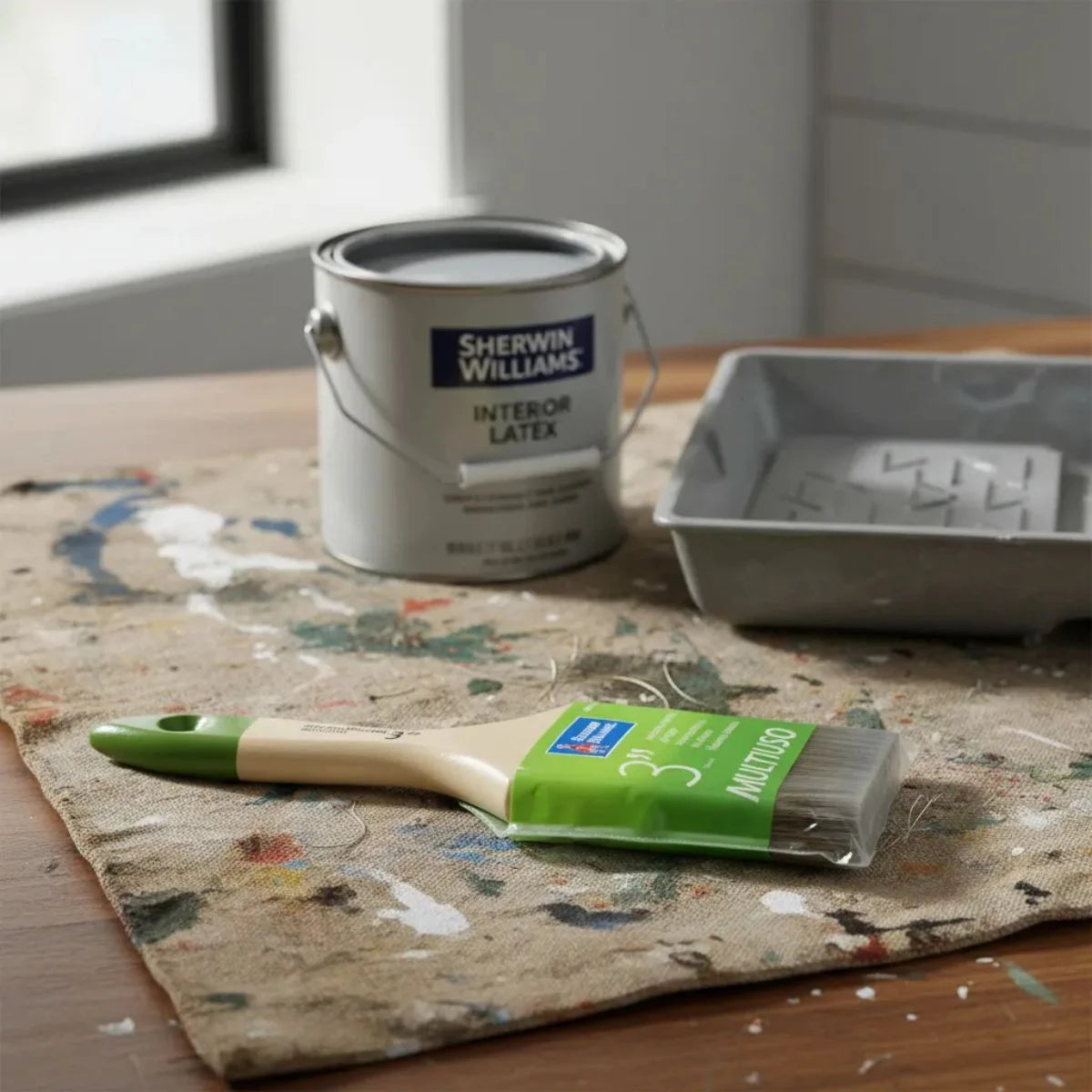 Brocha multiuso marca Sherwin Williams de 3 pulgadas (75 mm) para todo tipo de pinturas y barnices.