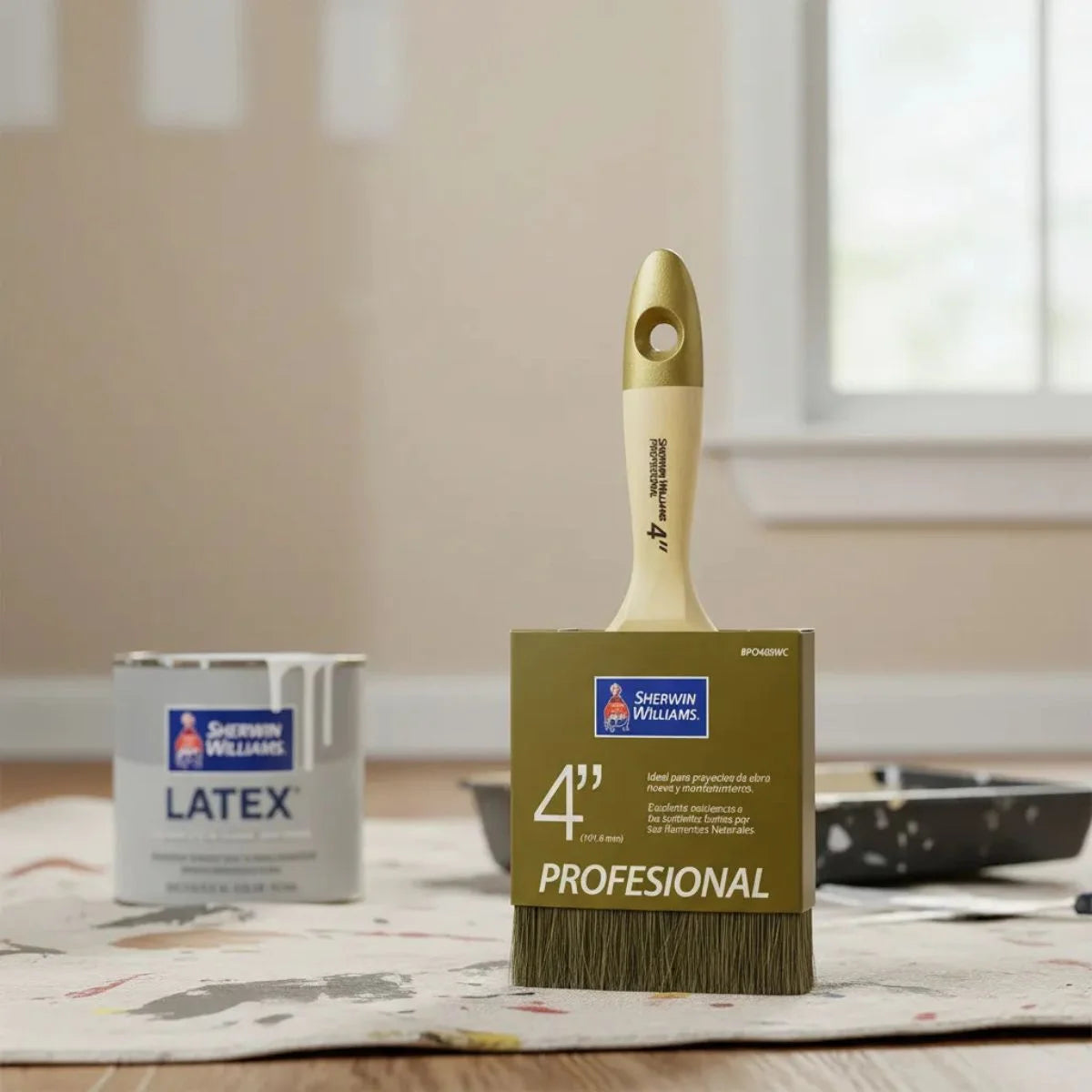 Brocha profesional marca Sherwin Williams de 4 pulgadas (100 mm) con mezcla de poliéster y cerda natural.