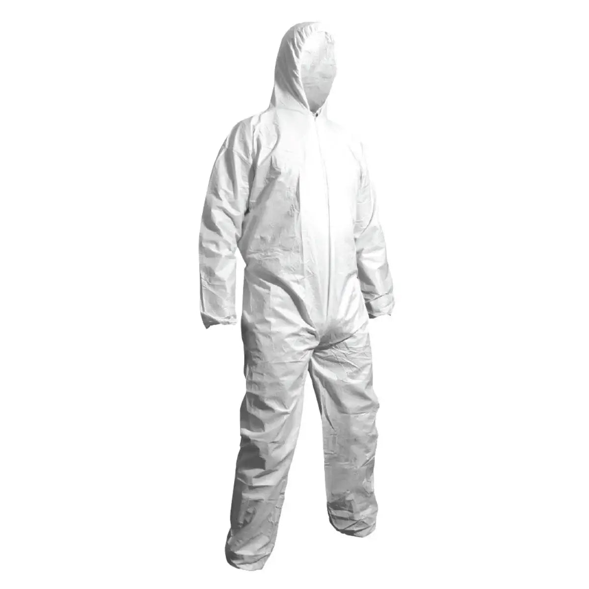 Buzo desechable de protección blanco ultra ligero con cremallera frontal.