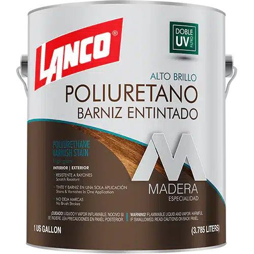 Barniz de poliuretano Lanco 2 en 1 con tinte, acabado brillante, sella y protege la madera a la vez que le da color.