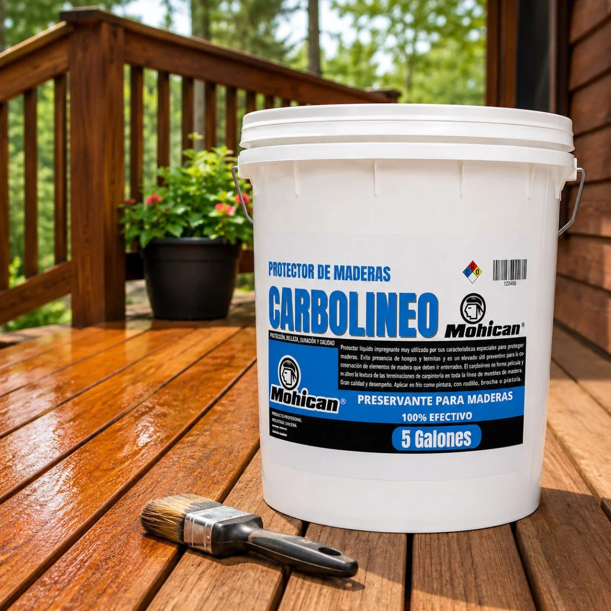 Carbolineo protector de maderas Mohican disponible en bidón de 5 litros y tineta de 5 galones