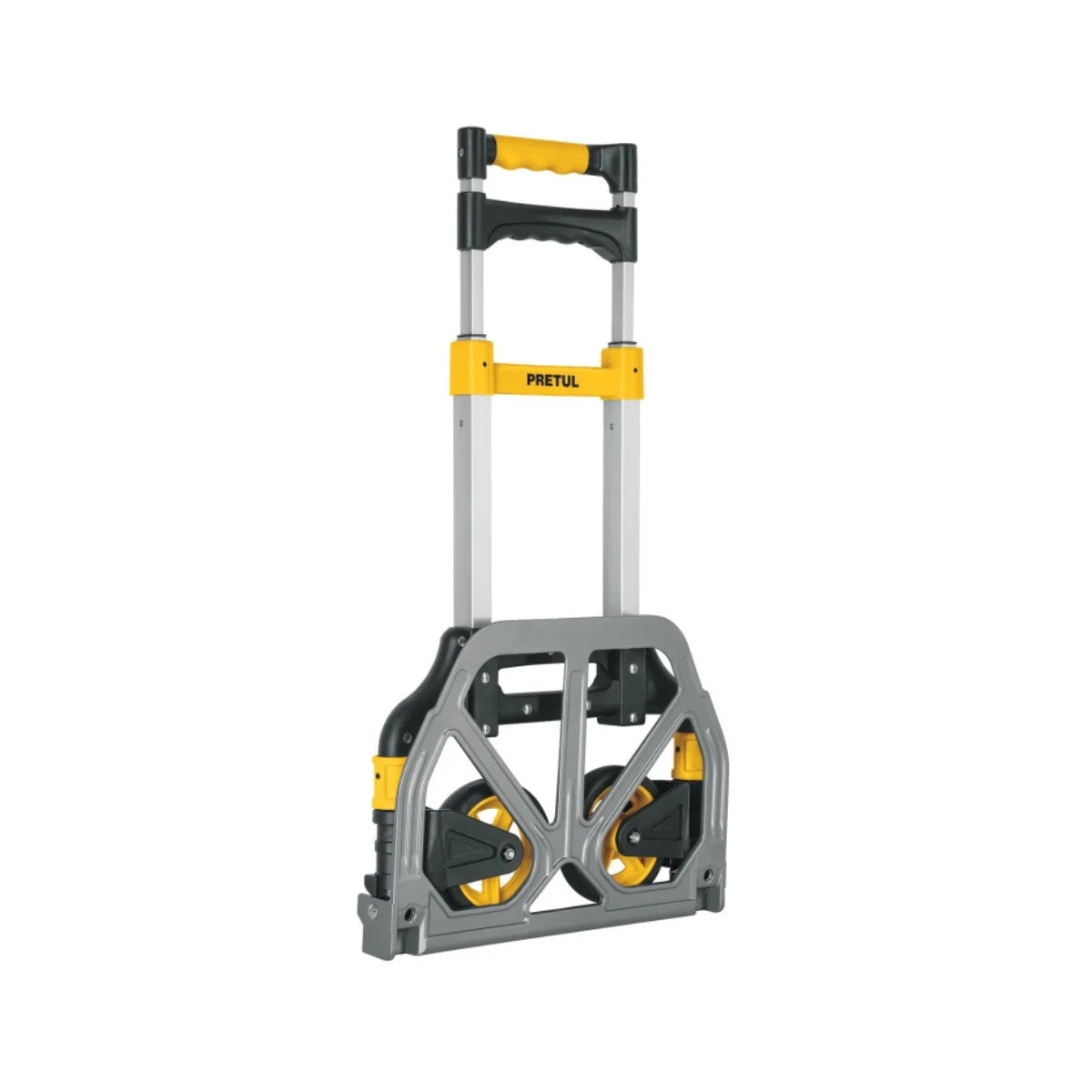 Carro de carga plegable Pretul 100 kg de aluminio con ruedas de TPR y diseño compacto para almacenamiento en espacios pequeños.