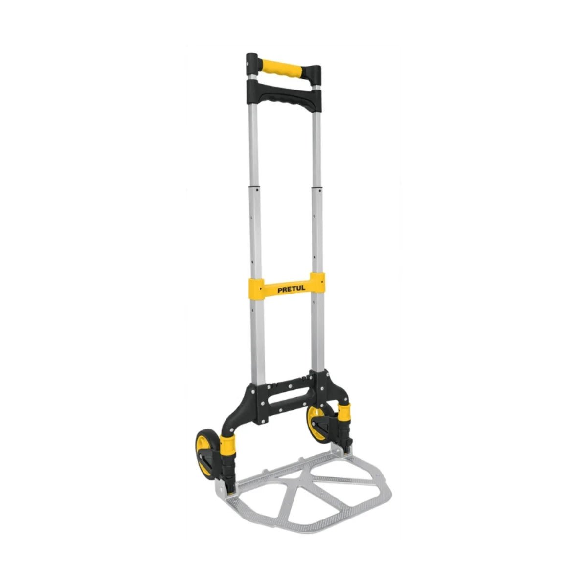 Carro de carga plegable Pretul 100 kg de aluminio con ruedas de TPR y diseño compacto para almacenamiento en espacios pequeños.