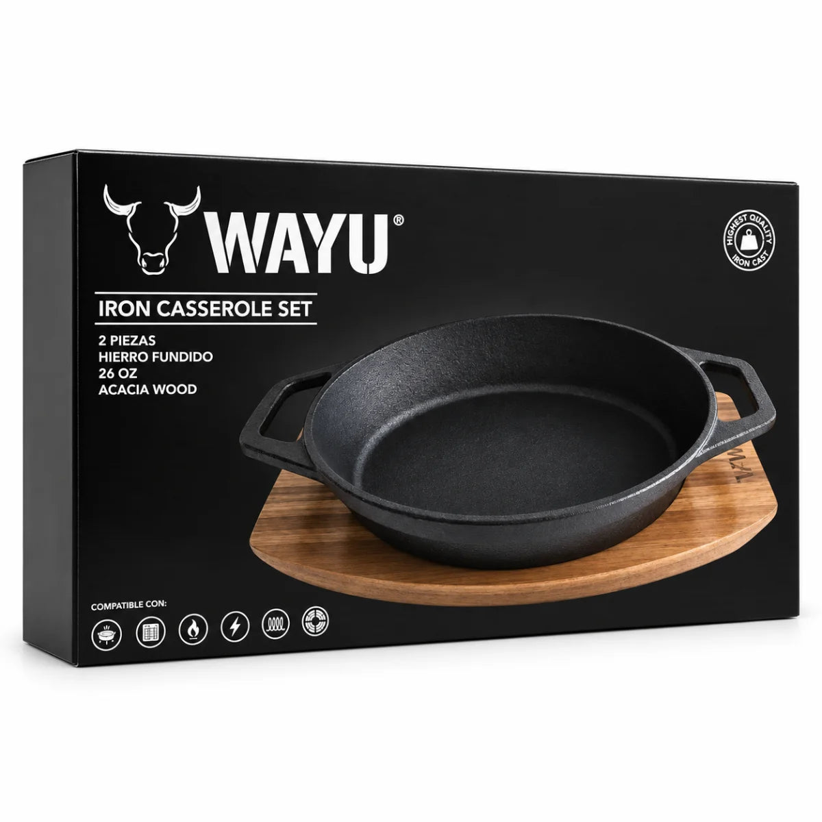 Sartén cacerola Wayu de hierro fundido con base de madera