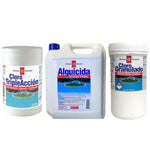 Kit de mantenimiento completo de piscina Química Universal con cloro, alguicida y correctores de pH.