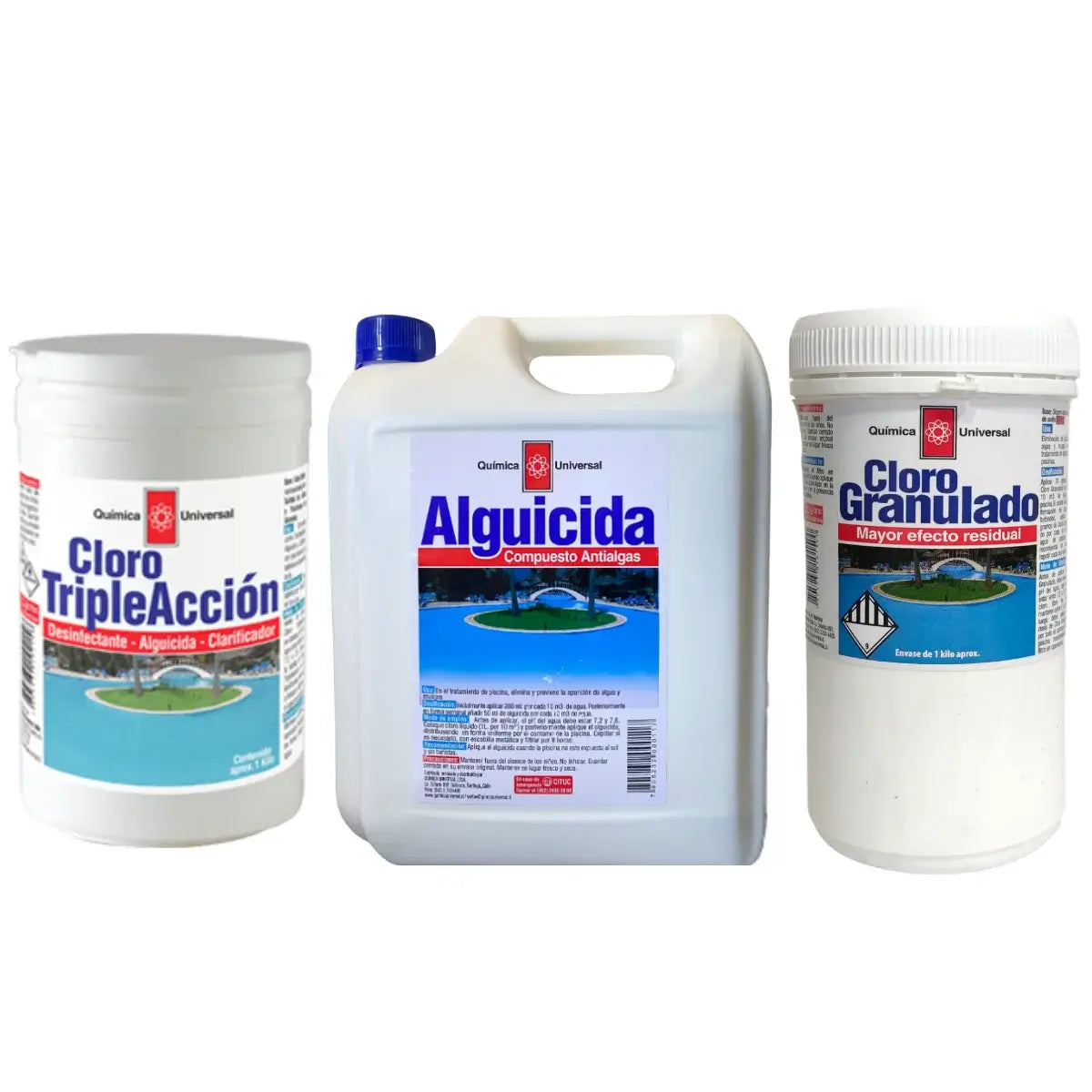 Kit de mantenimiento completo de piscina Química Universal con cloro, alguicida y correctores de pH.