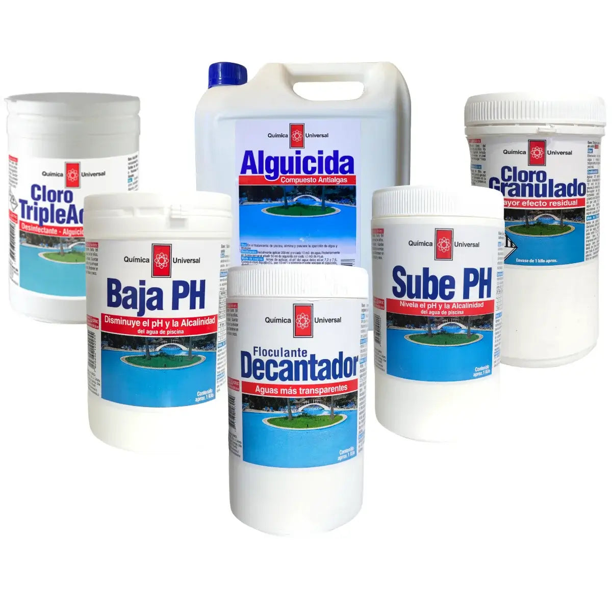 Kit de mantenimiento completo de piscina Química Universal con cloro, alguicida y correctores de pH.