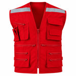 Chaleco geólogo de poplin Rojo con cinta reflectante de 5 cm y varios bolsillos, en uno de sus colores disponibles.