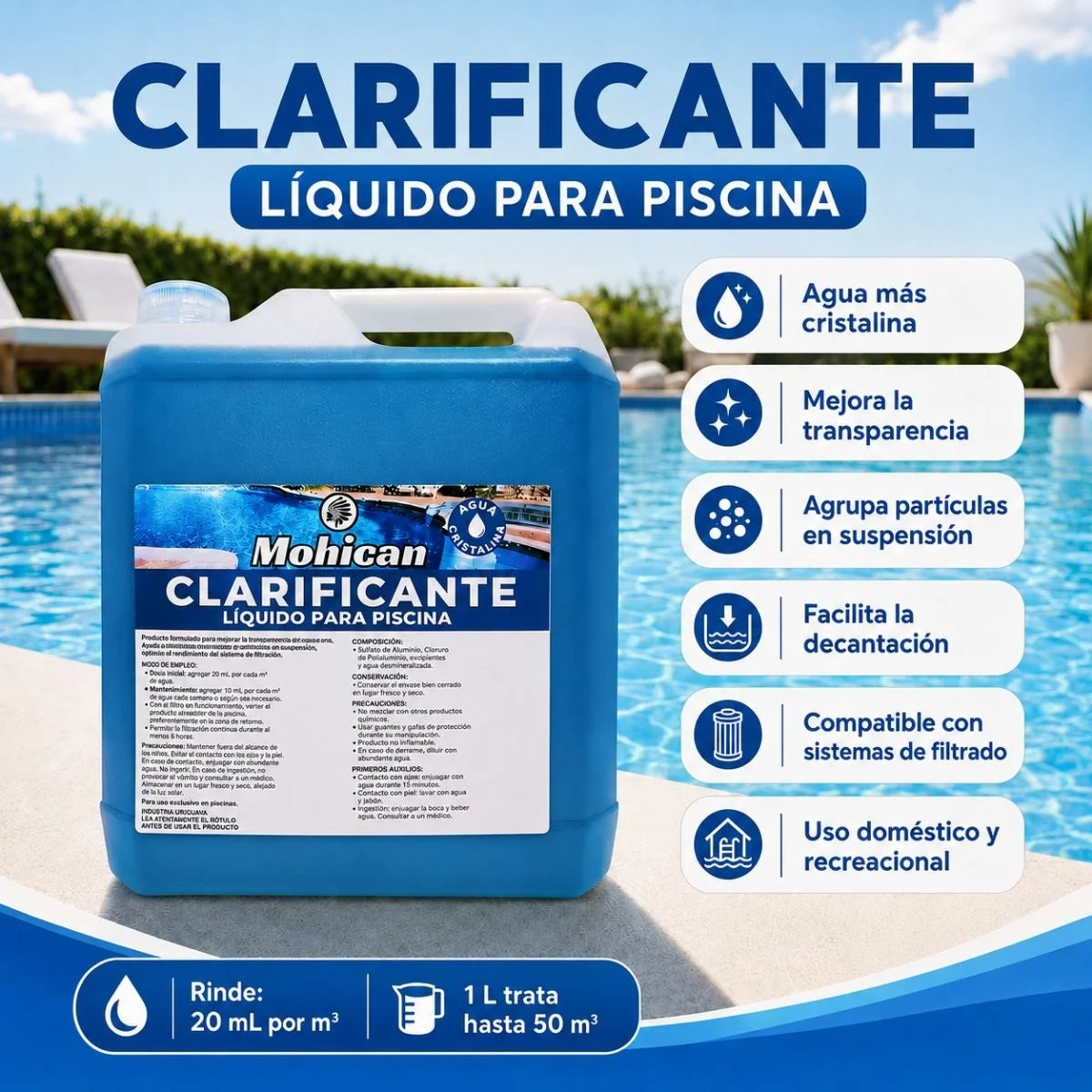 Clarificante floculante líquido para piscina Mohican bidón de 5 litros