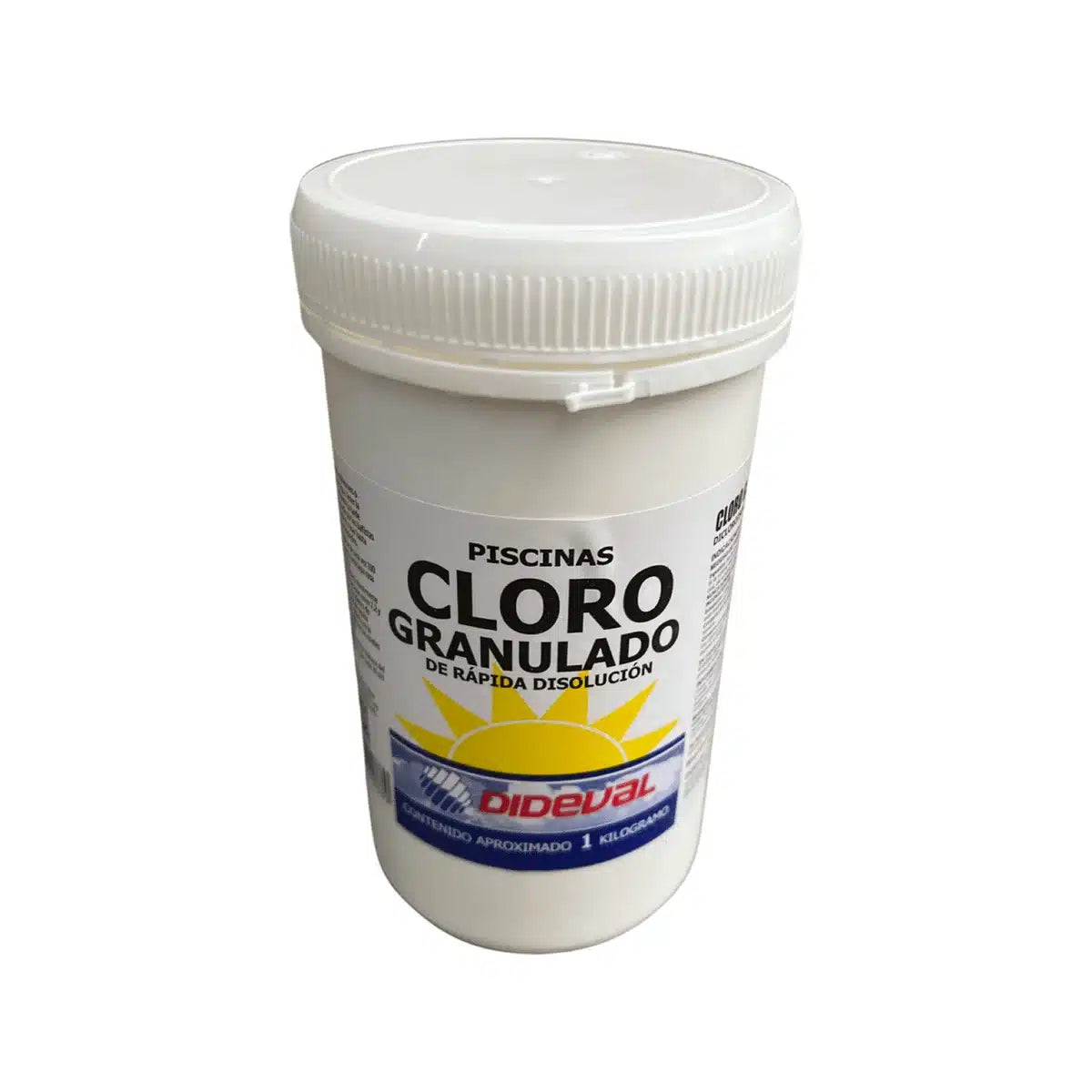 Cloro granulado Dideval 1kg para tratamiento de choque y desinfección de piscinas.