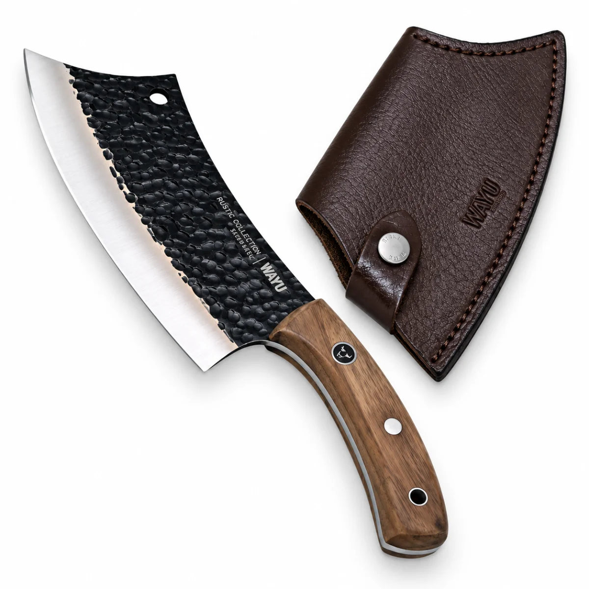 Cuchillo Chopper Wayu Rustic de acero inoxidable con funda