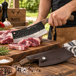 Cuchillo Chopper Wayu Rustic de acero inoxidable con funda