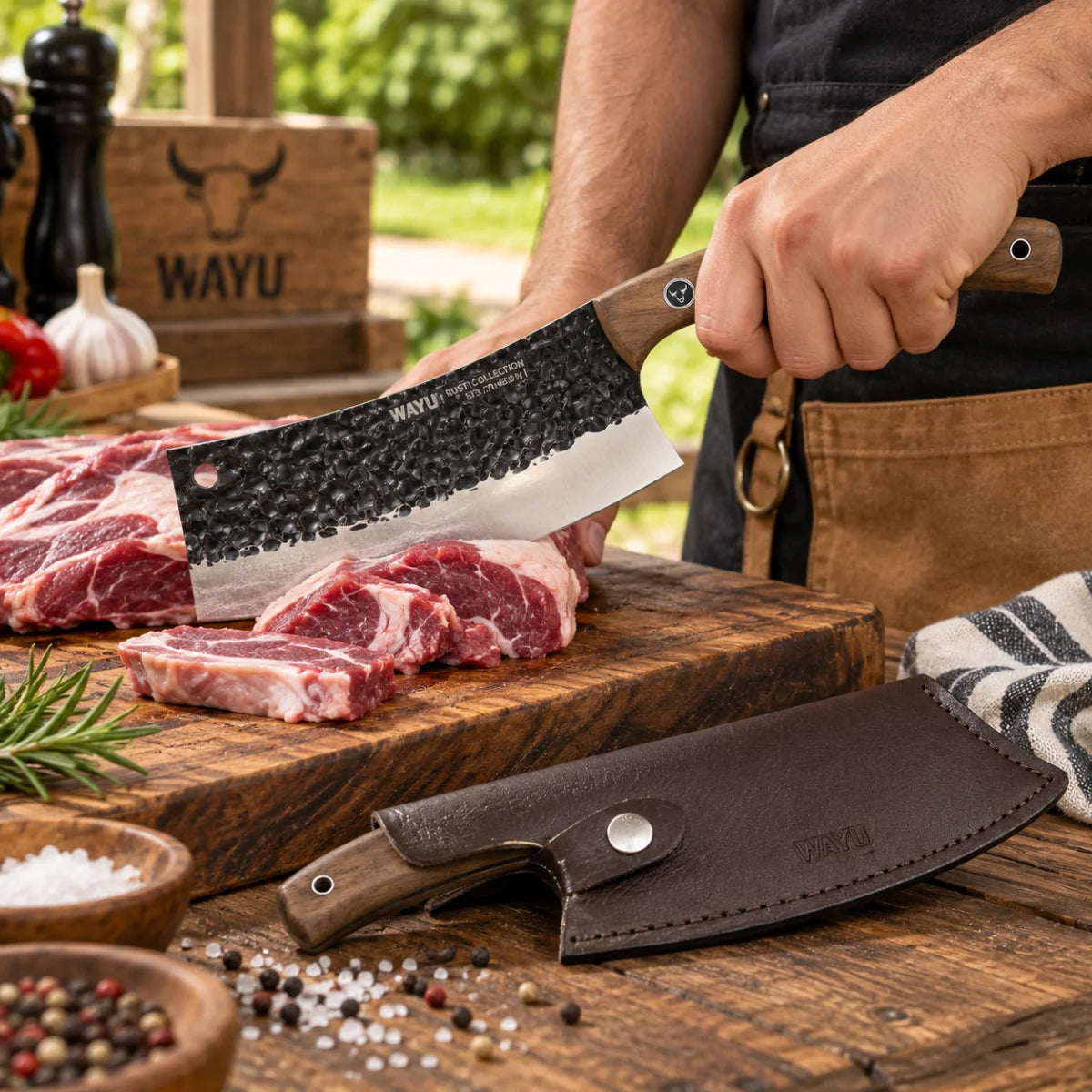 Cuchillo Chopper Wayu Rustic de acero inoxidable con funda