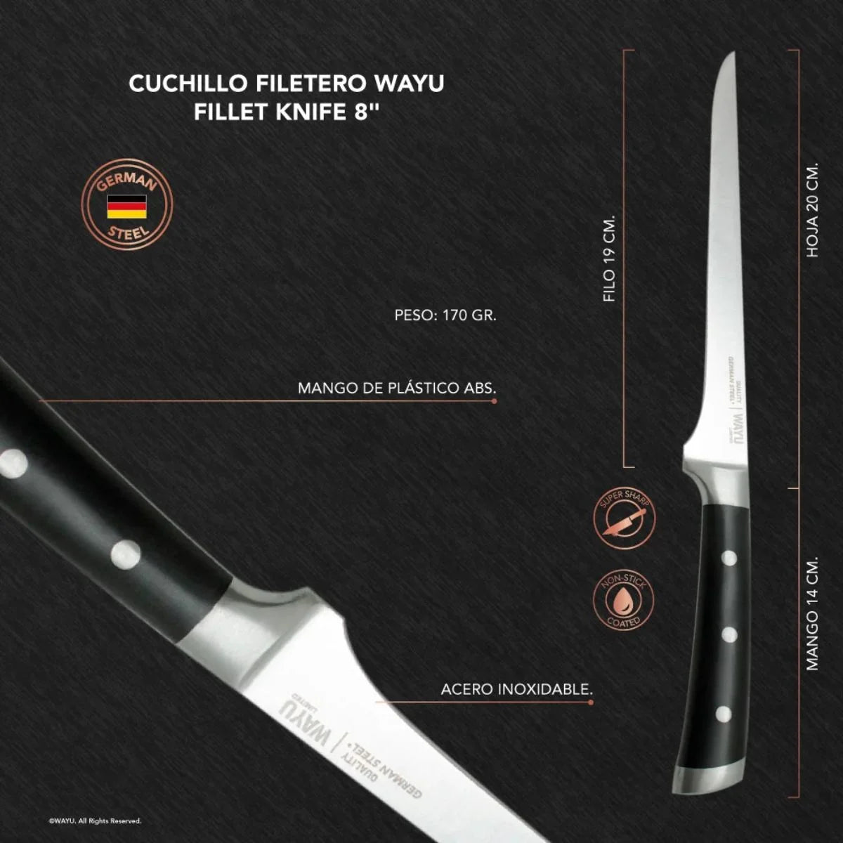 Cuchillo filetero Wayu de acero inoxidable de 20 cm