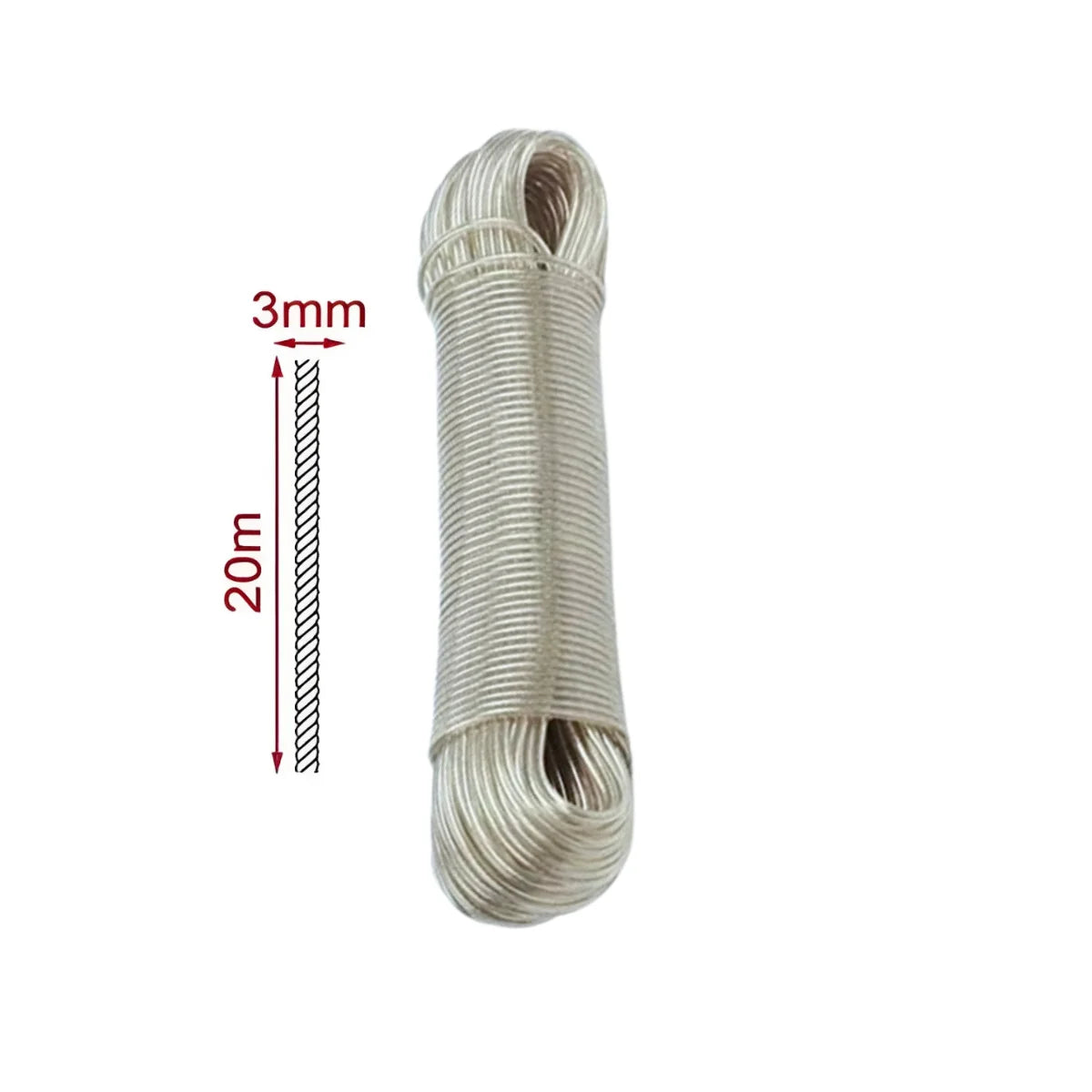 Rollo de cuerda para colgar ropa de 20 metros, con exterior de PVC y núcleo de alambre de acero.
